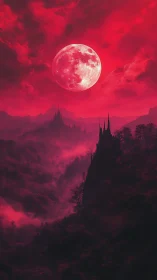Crimson full moon over misty gothic valley landscape.
