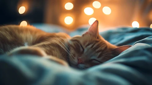 Sleeping Ginger Cat Resting on Blue Blanket with Warm Lights.