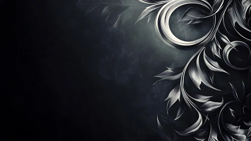 Dark abstract floral curves with metallic leaf pattern.