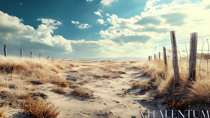 Sandy rural path between wire fences under clouded sky.