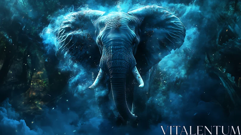 Mystic blue elephant emerging from swirling forest mist.