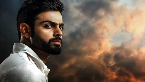 Bearded man in white shirt looking sideways under stormy sky