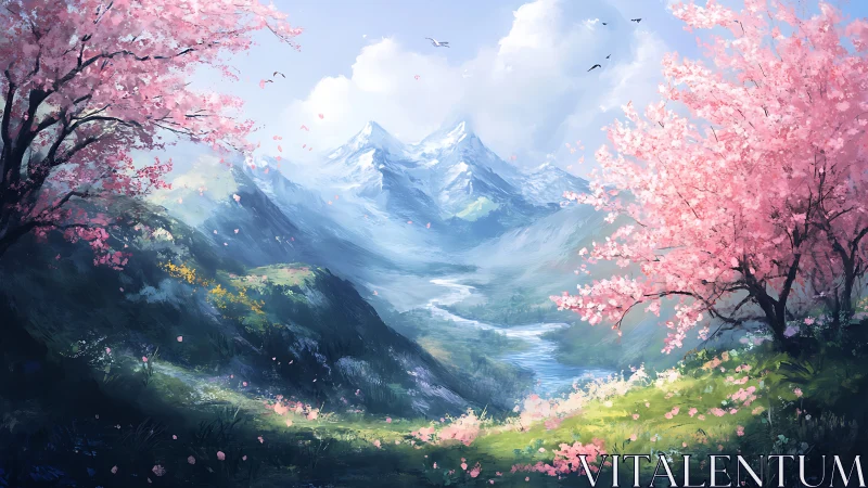 Cherry blossom valley frames distant snowcapped mountains.