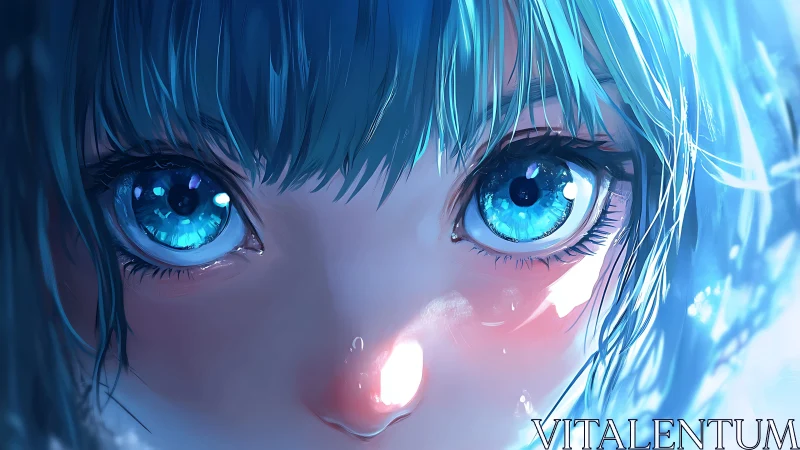 Close-up blue-eyed anime face in cool luminous lighting.