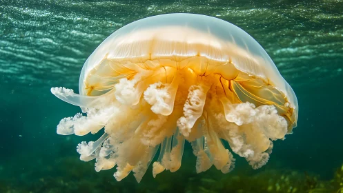 Luminous jellyfish drifting in sunlit green seawater depths.