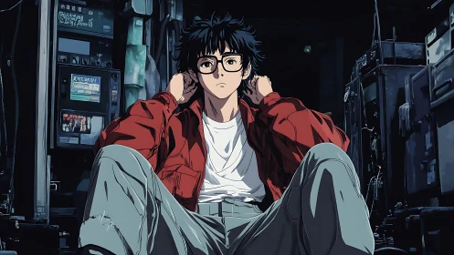 Quiet streetwise thinker rests in a neon-lit urban corner