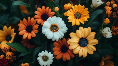 Vibrant Daisy Garden with Orange, Yellow, and White Blooms.
