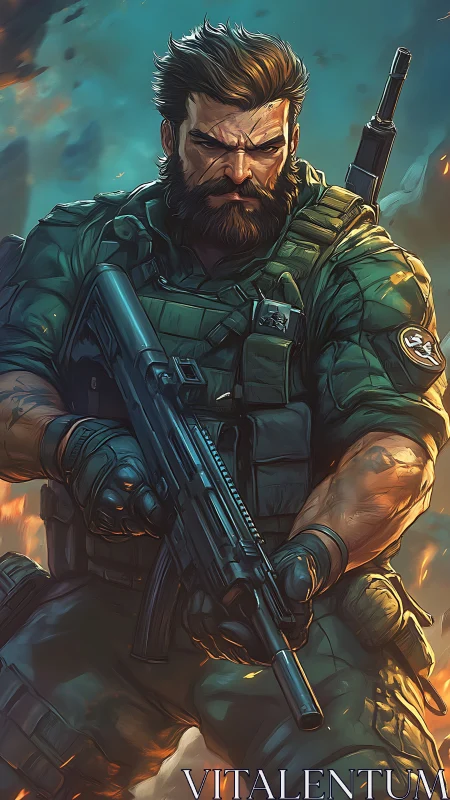 Battle-hardened operator with rifle amid blazing conflict.