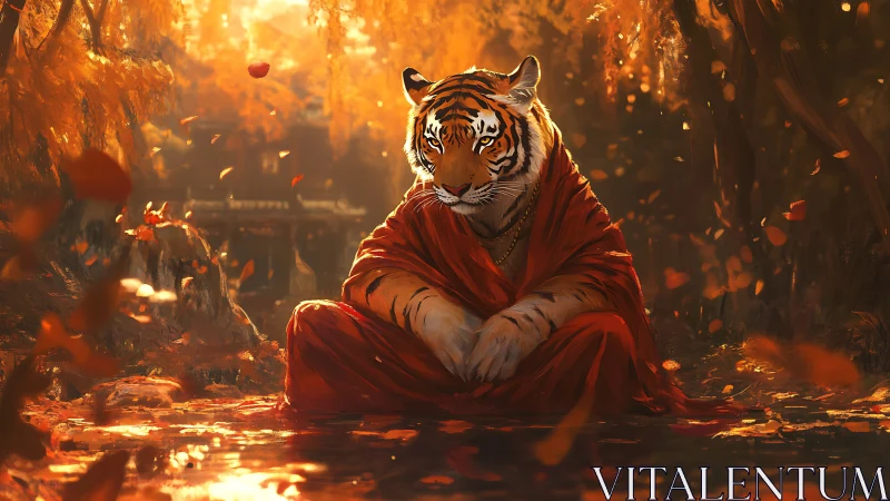 Tiger monk quietly steeps autumn light into river silence