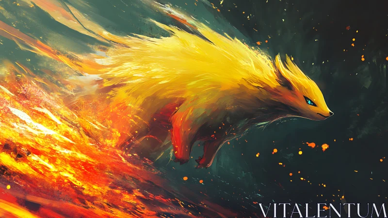 Fiery yellow fox-like creature in dynamic side profile.