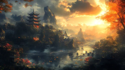 Sunset over river valley with pagodas and misty mountains.
