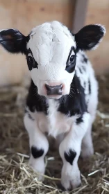 Close-up Holstein calf portrait on straw bedding in barn
