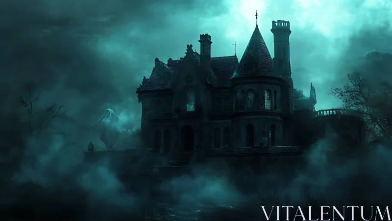 Gothic manor silhouette in teal mist with spectral accents.
