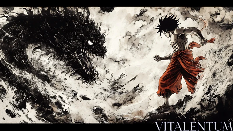 Stormborn warrior squaring off against ink-forged dragon.