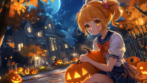 Anime girl carves glowing pumpkins before a haunted manor