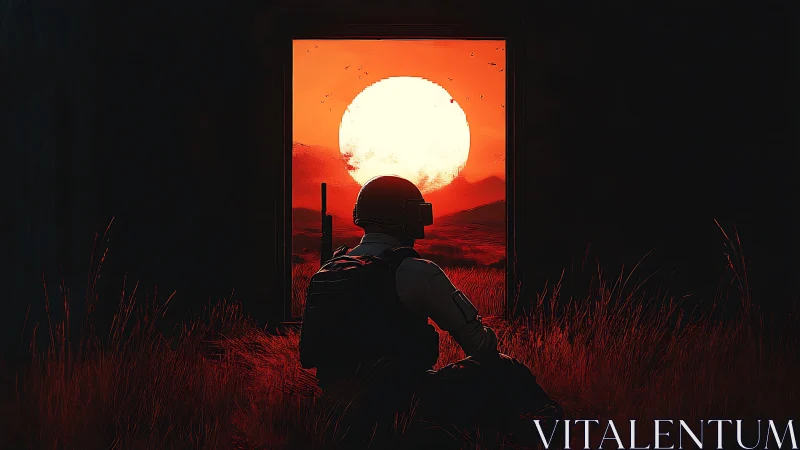 Soldier silhouette watching large red sun at dusk.