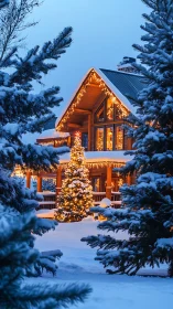 Snow-covered wooden house displays exterior winter lighting