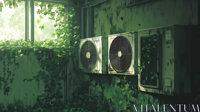 Air conditioning units on ivy covered interior wall stand idle