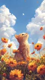 Ginger Cat Gazing Upward Through Sunflower Field Composition