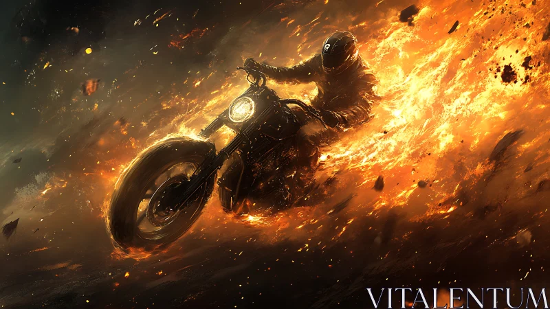 Rider in a firestorm carving through glowing embers at night.