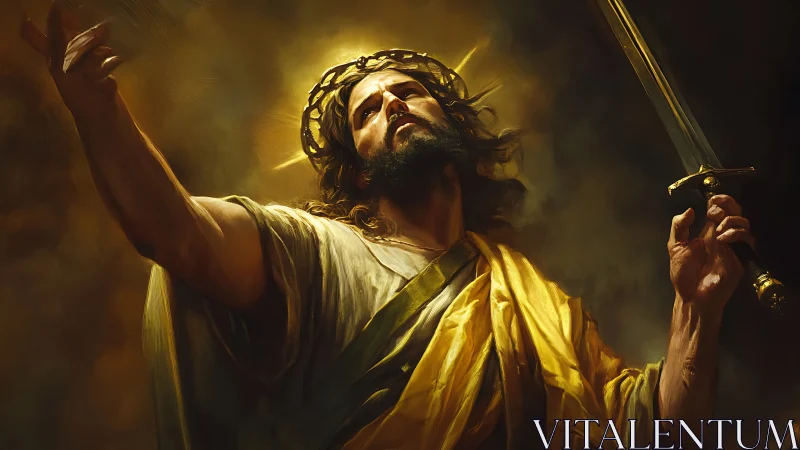 Digital painting of radiant warrior-messiah with sword raised.