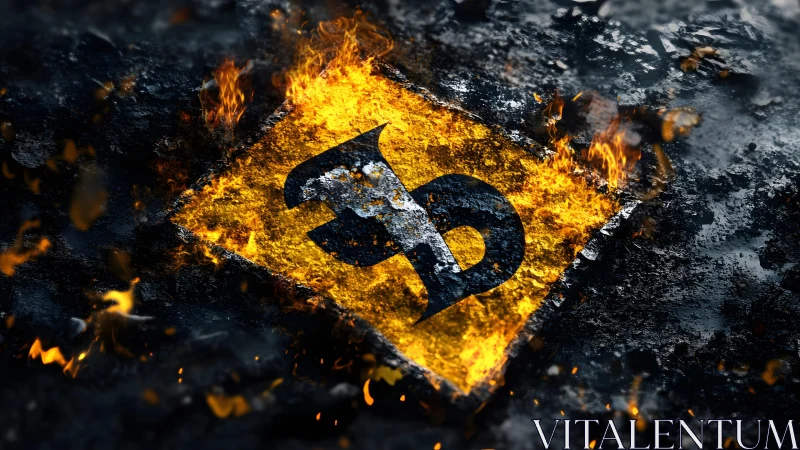 Burning caution sign with bold letter, dramatic digital art.