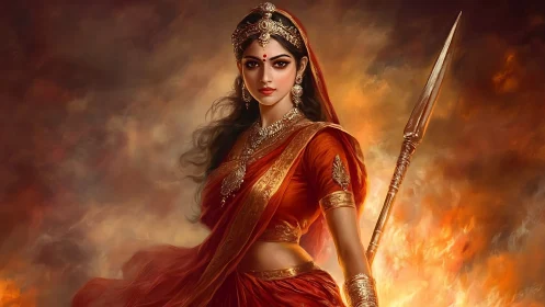 Warrior goddess in burning saffron silk, digital portrait.