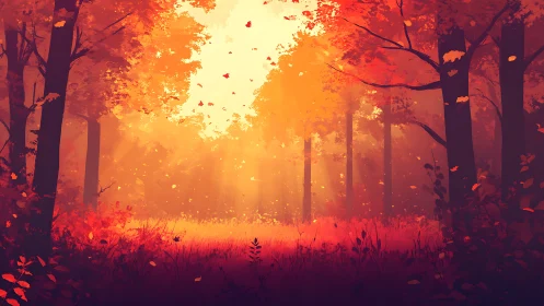 Forest landscape with autumn foliage and atmospheric light rays