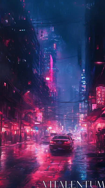 Neon rain city street glows under cyberpunk night sky.