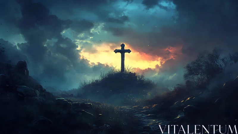 Lonely stone cross crowns a stormy hill at burning dusk