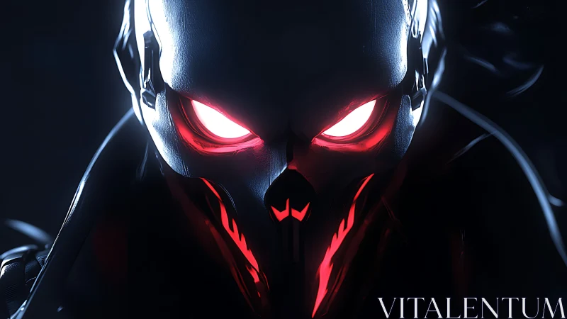 Sinister robotic skull face with glowing red cybernetic eyes.