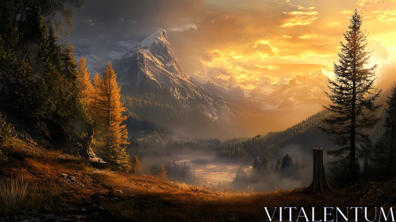 Sunlit alpine valley reveals dramatic peaks in golden mist