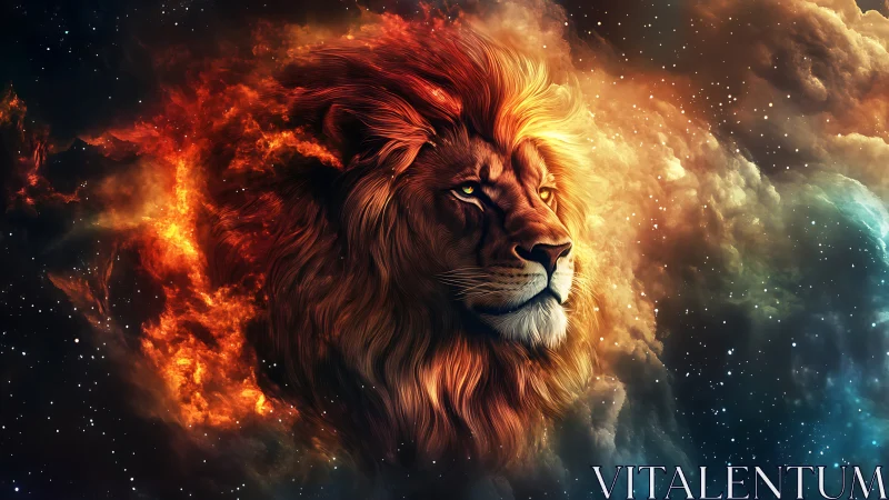 Lion head rendered in fiery cosmic nebula scene