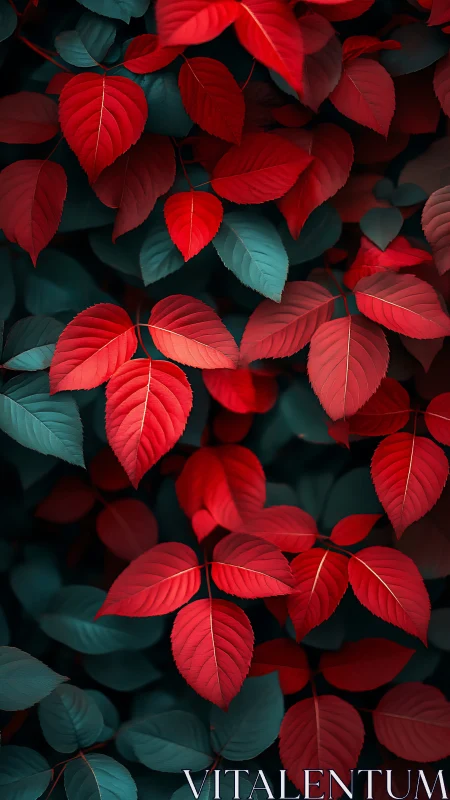 Crimson leaves drift across teal shadows in lush contrast.