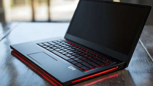 Sleek black laptop with red backlit keyboard on table.