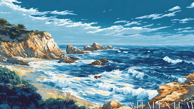 Rocky coastline with waves under clear blue sky.