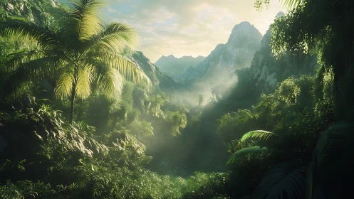 Misty valley landscape with tropical vegetation and limestone peaks.