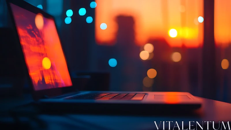 Laptop leans into sunset neon, trading keystrokes for skylight