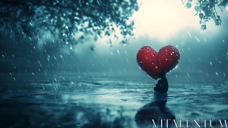 Figure with red heart in rain.