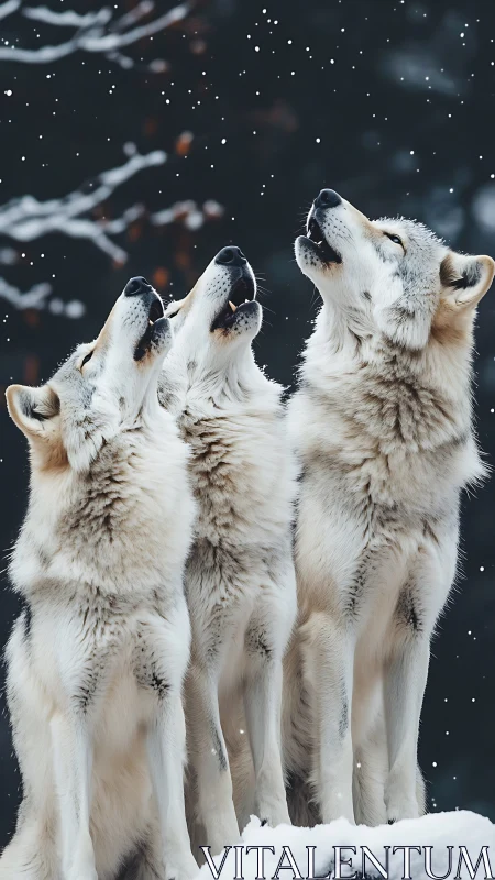 Three synchronized wolves in vertical winter alignment howling upward