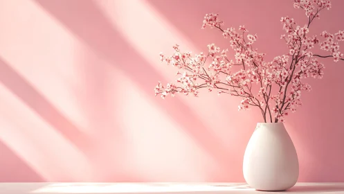 Minimalist cherry blossom stems in matte white ceramic vase.