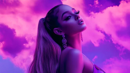 Dreamy neon portrait glows softly against pink clouds