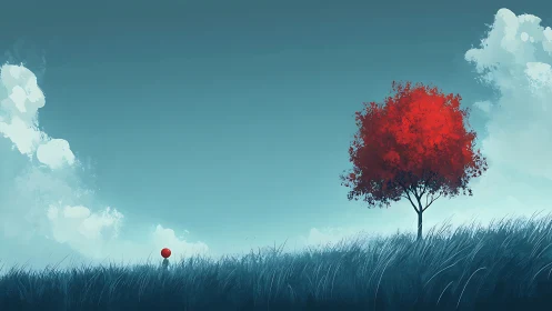 Quiet hillside daydream with a red tree and soft balloon.