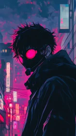 Masked figure with neon goggles stands in glowing city street