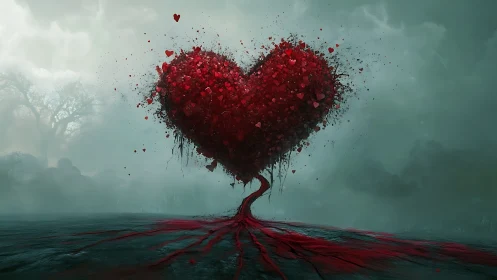 Heart-Shaped Tree Rendered in Digital 3D Surrealism Against Misty Landscape.