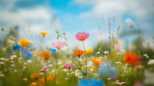 Wildflower meadow beneath blue sky with golden blooms.