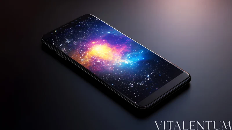 Black smartphone on dark surface with vivid galaxy display.