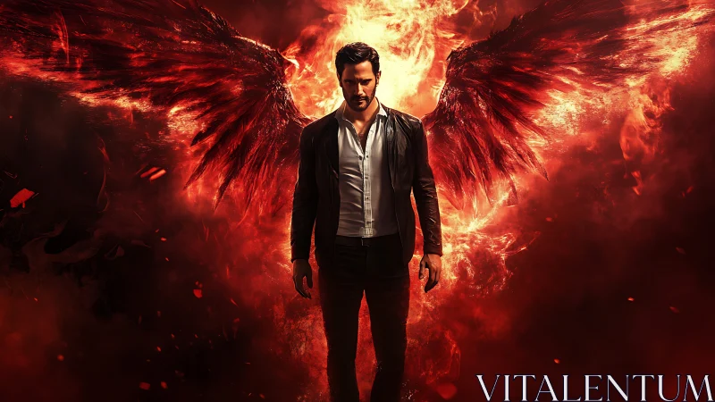 Dark angel with burning wings strides through infernal fire