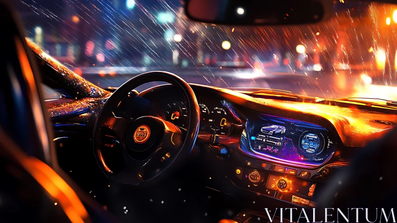 Night city car interior with rain and dashboard lights.