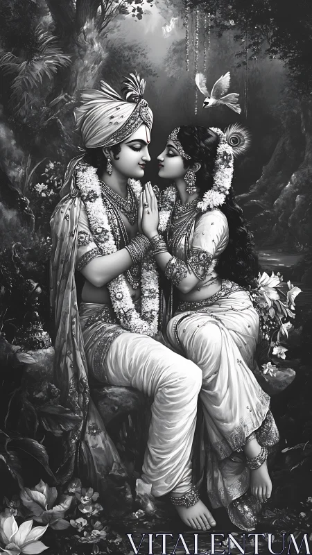 Monochromatic portrait depicts two figures with ornamental jewelry in forest setting